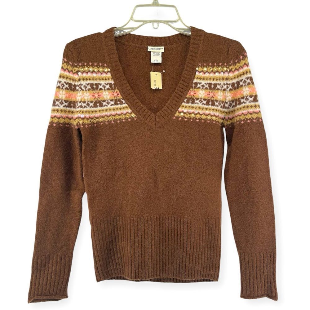 Cherokee Girl’s Brown Sequin Fair Isle V-Neck Pullover Sweater Large 8/10